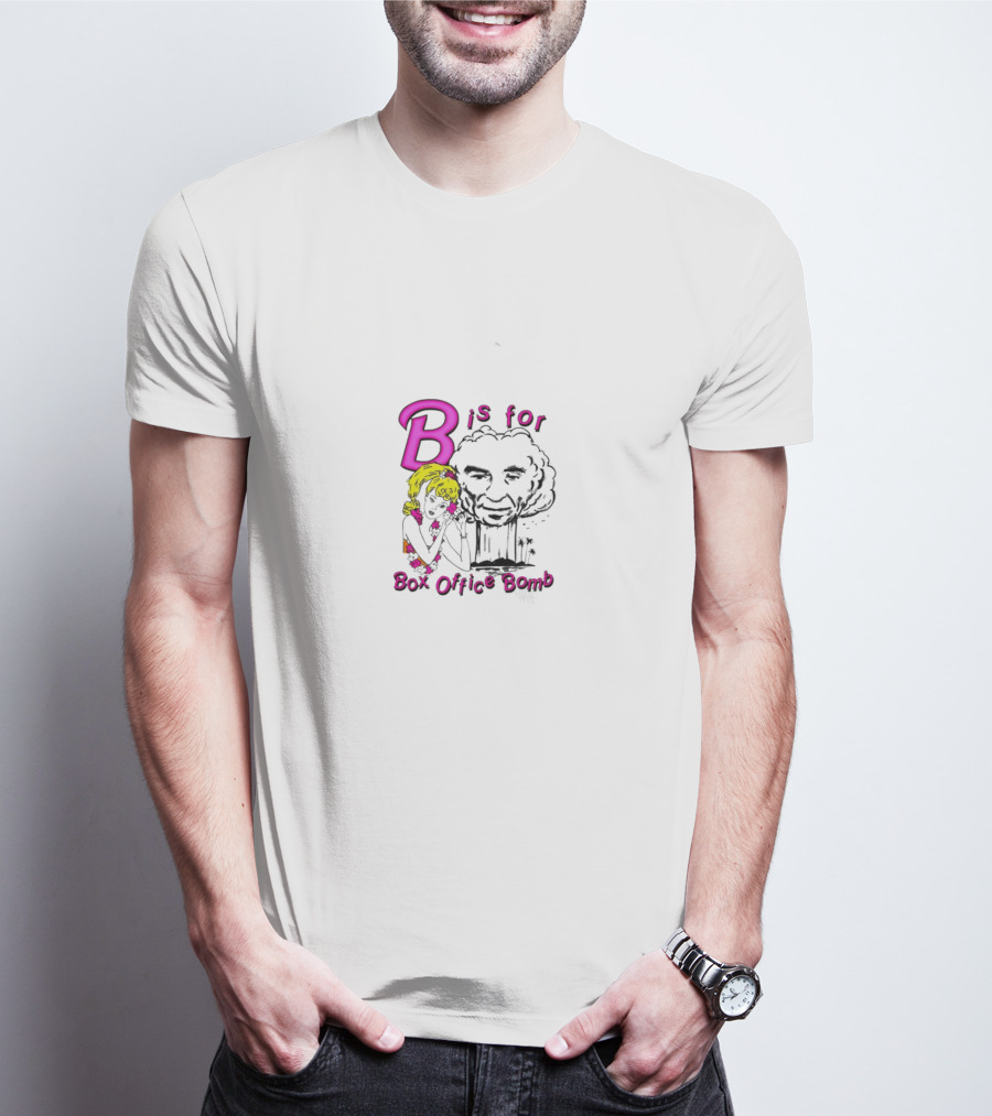 B Is For Box Office Bomb Pink Text With Blonde Character And Older Man T-Shirt