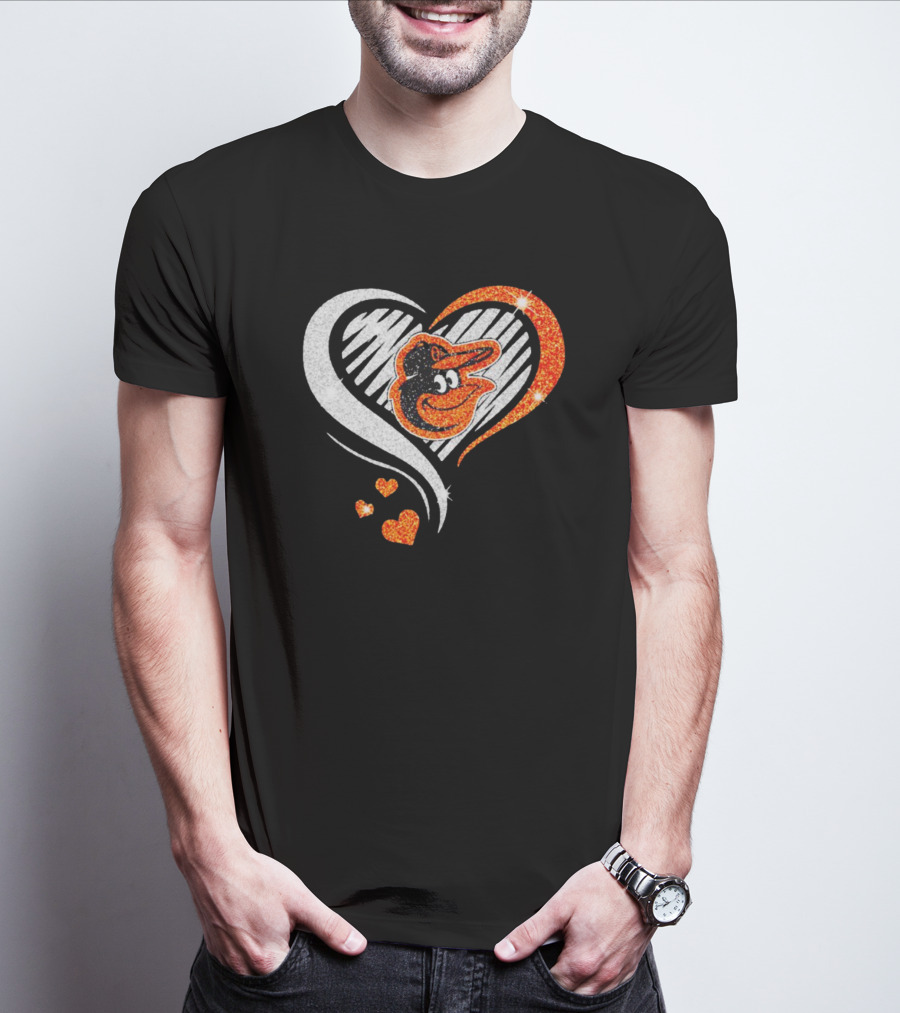 Baltimore Orioles Heart Shaped Logo With Orange Glitter Diamond T-Shirt