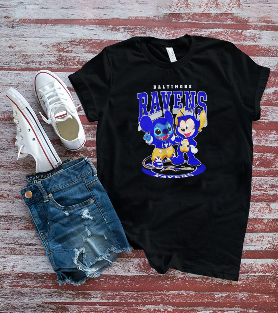 Baltimore Ravens Stitch And Mickey Character Collaboration Football T-Shirt
