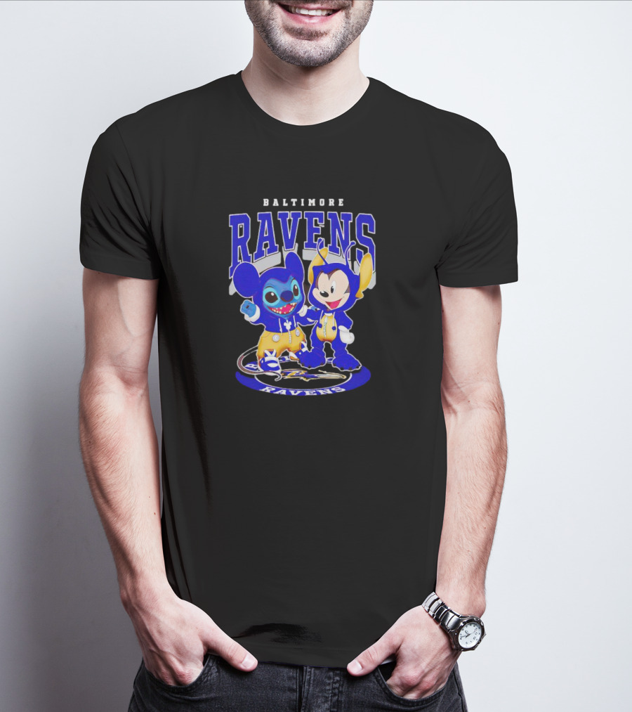 Baltimore Ravens Stitch And Mickey Character Collaboration Football T-Shirt