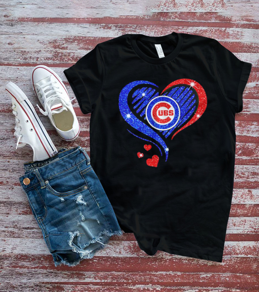 Chicago Cubs Glitter Heart Logo With Red And Blue Diamond T-Shirt
