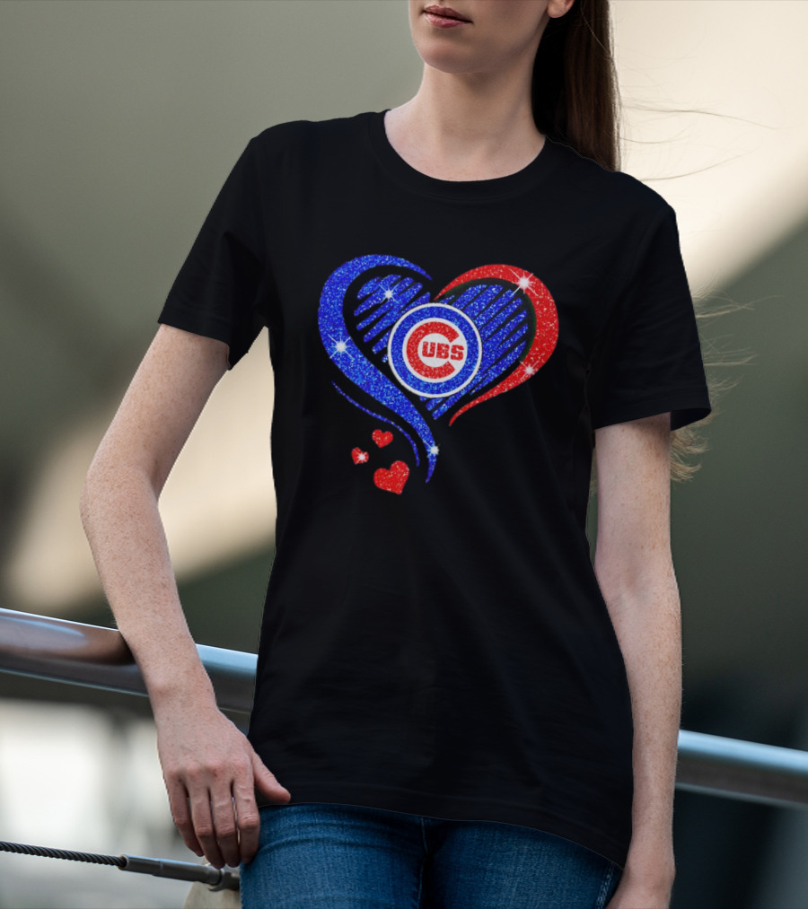 Chicago Cubs Glitter Heart Logo With Red And Blue Diamond T-Shirt