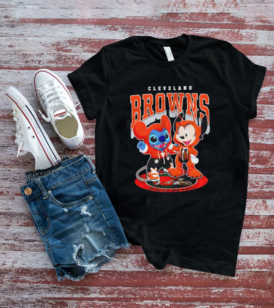 Cleveland Browns Mickey And Stitch Character Hoodie Fan T-Shirt
