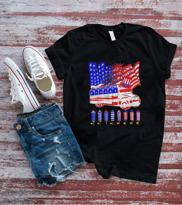 School Bus Fireworks American Flag Happy 4th Of July T-Shirt