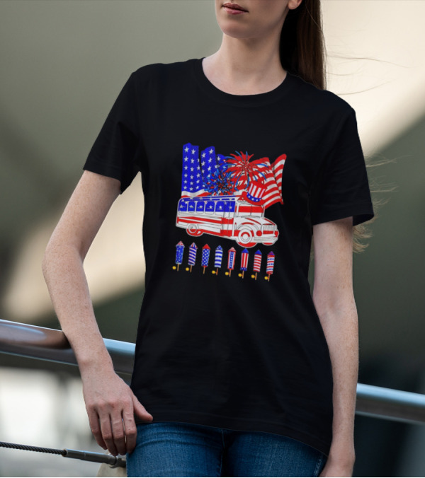 School Bus Fireworks American Flag Happy 4th Of July T-Shirt