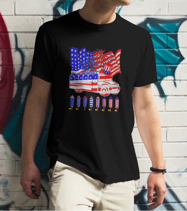 School Bus Fireworks American Flag Happy 4th Of July T-Shirt