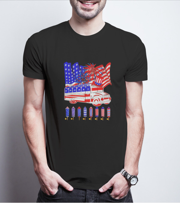 School Bus Fireworks American Flag Happy 4th Of July T-Shirt