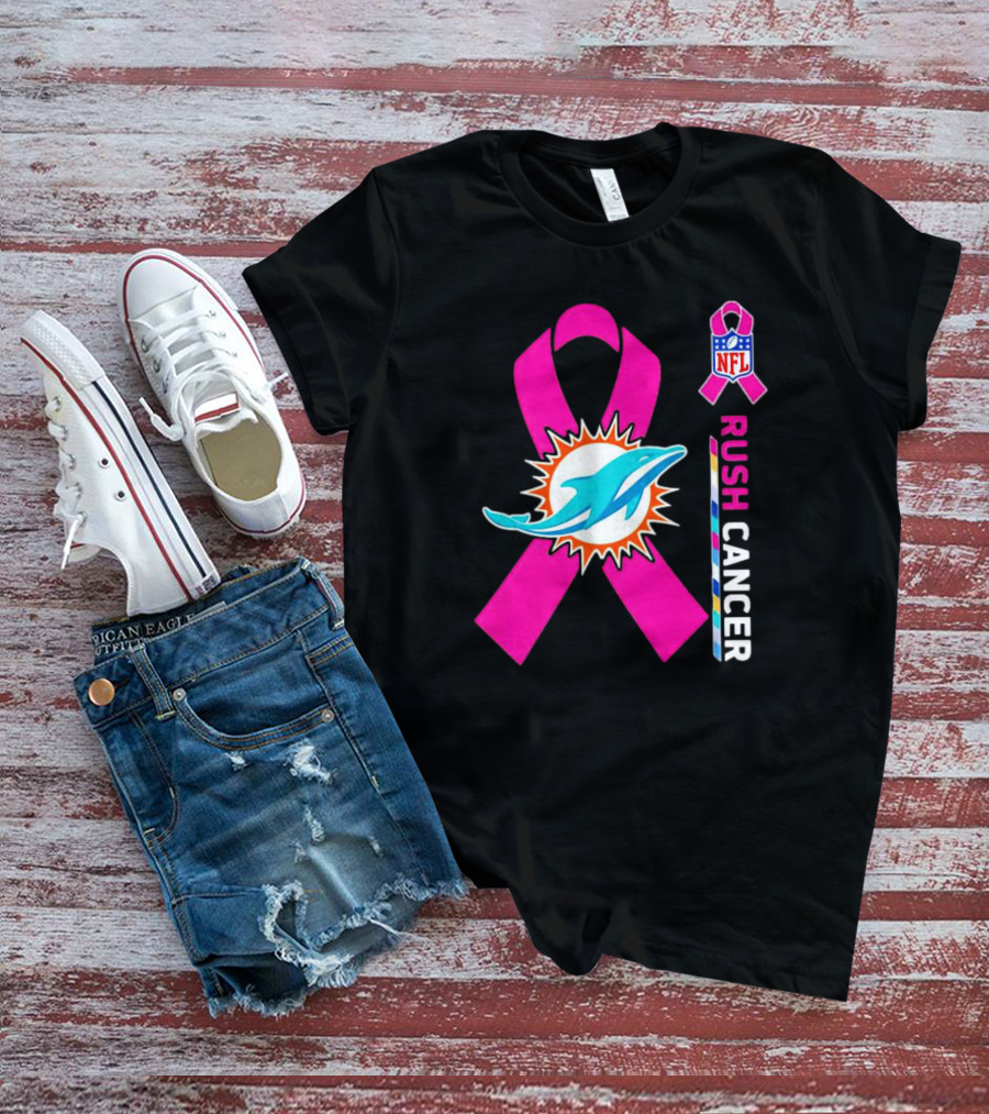 Miami Dolphins NFL Rush Cancer Pink Ribbon Emblem T-Shirt