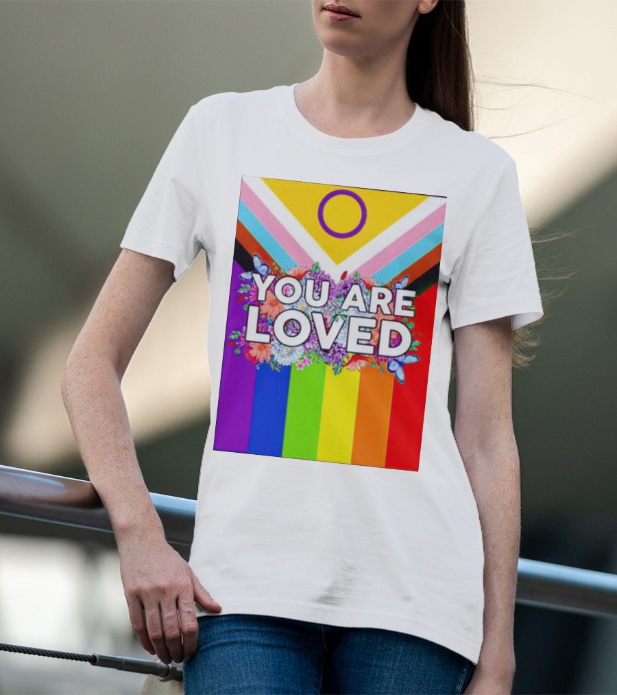 You Are Loved Pride Flag Intersex Inclusion Rainbow Floral Butterflies T-Shirt