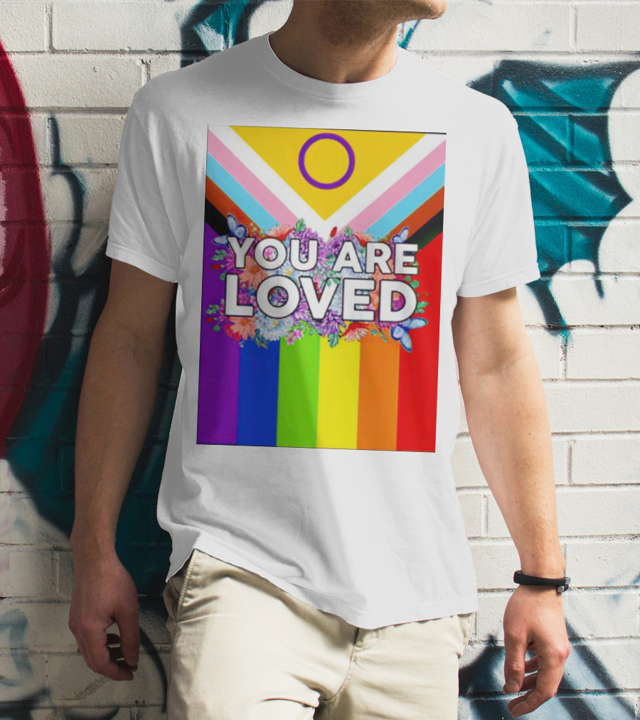 You Are Loved Pride Flag Intersex Inclusion Rainbow Floral Butterflies T-Shirt