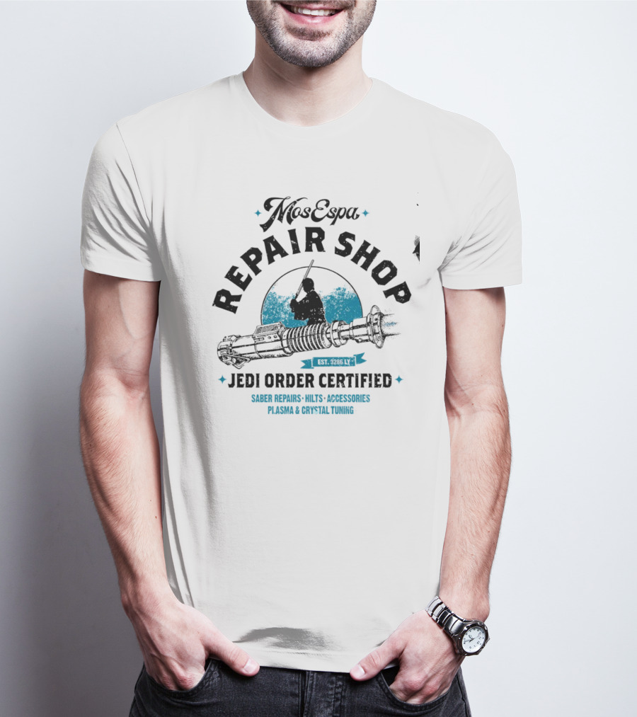 Mos Espa Repair Shop Jedi Order Certified Saber Repairs Plasma Crystal Tuning T-Shirt
