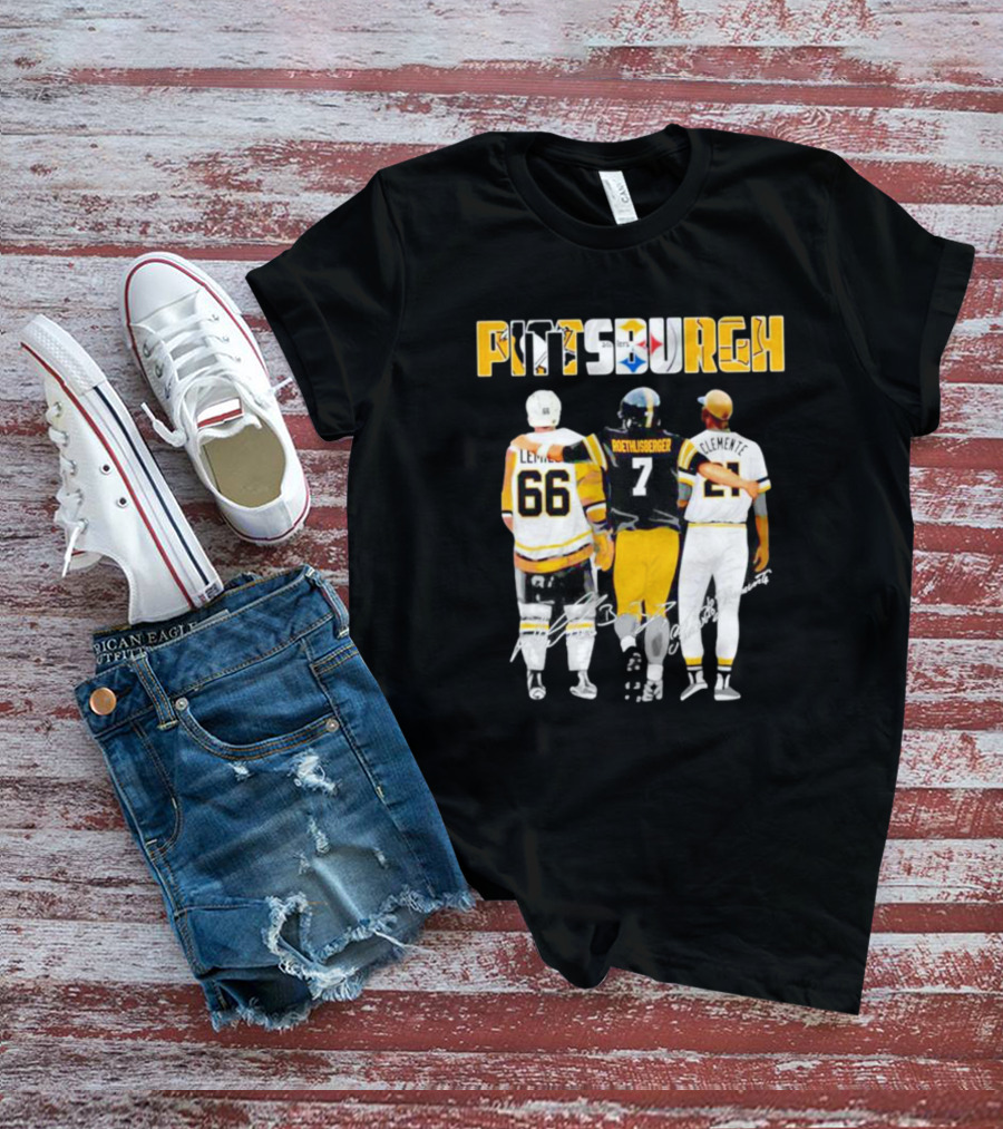 Pittsburgh Penguins Lemieux Steelers Roethlisberger Pirates Clemente Signature T-Shirt