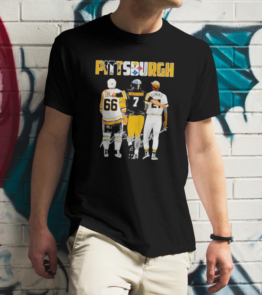 Pittsburgh Penguins Lemieux Steelers Roethlisberger Pirates Clemente Signature T-Shirt
