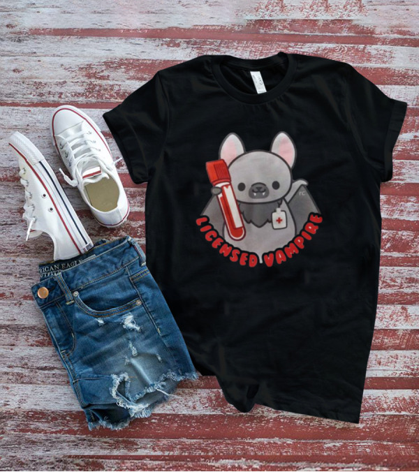 Licensed Vampire Bat Holding Blood Sample Tube T-Shirt