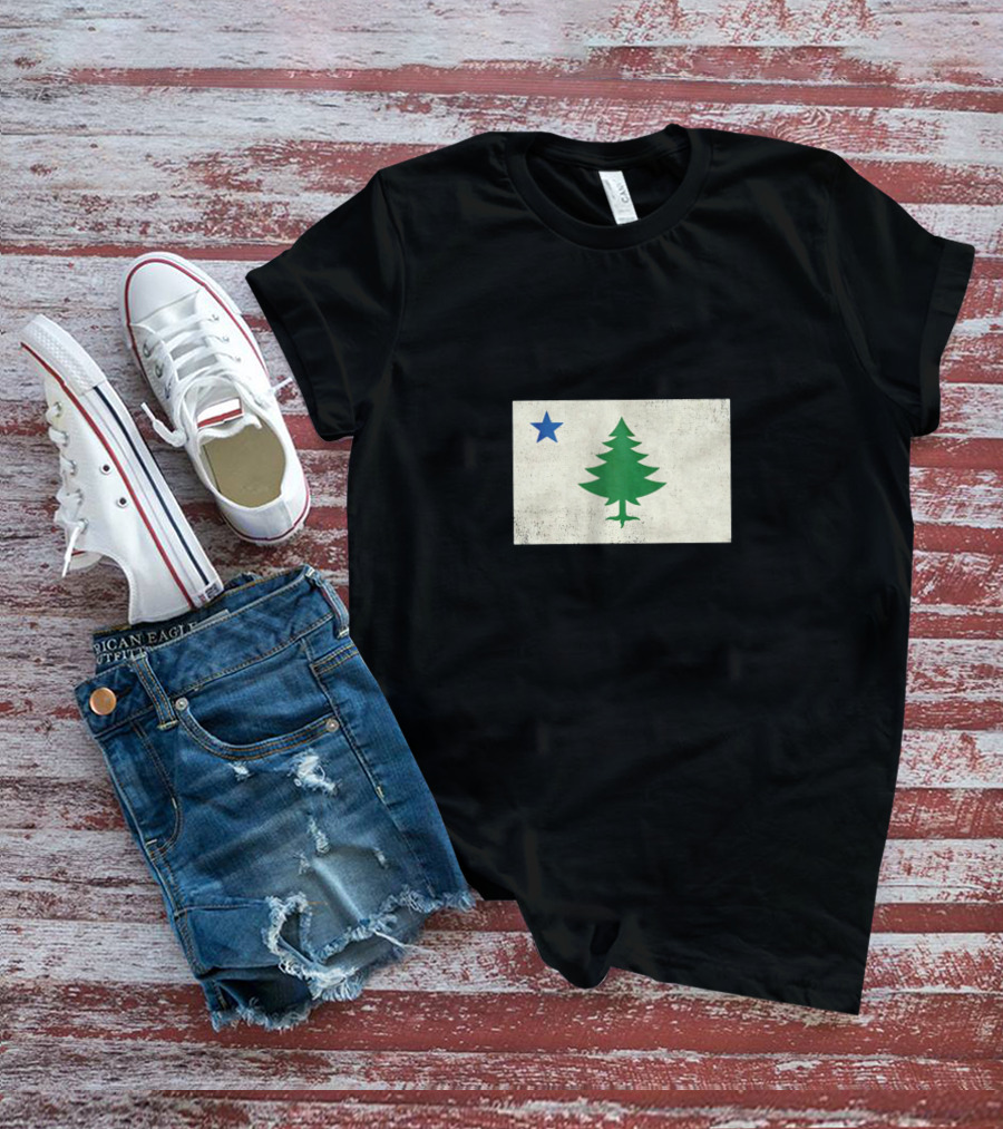 Maine Vintage Flag Pine Tree And Blue Star T-Shirt
