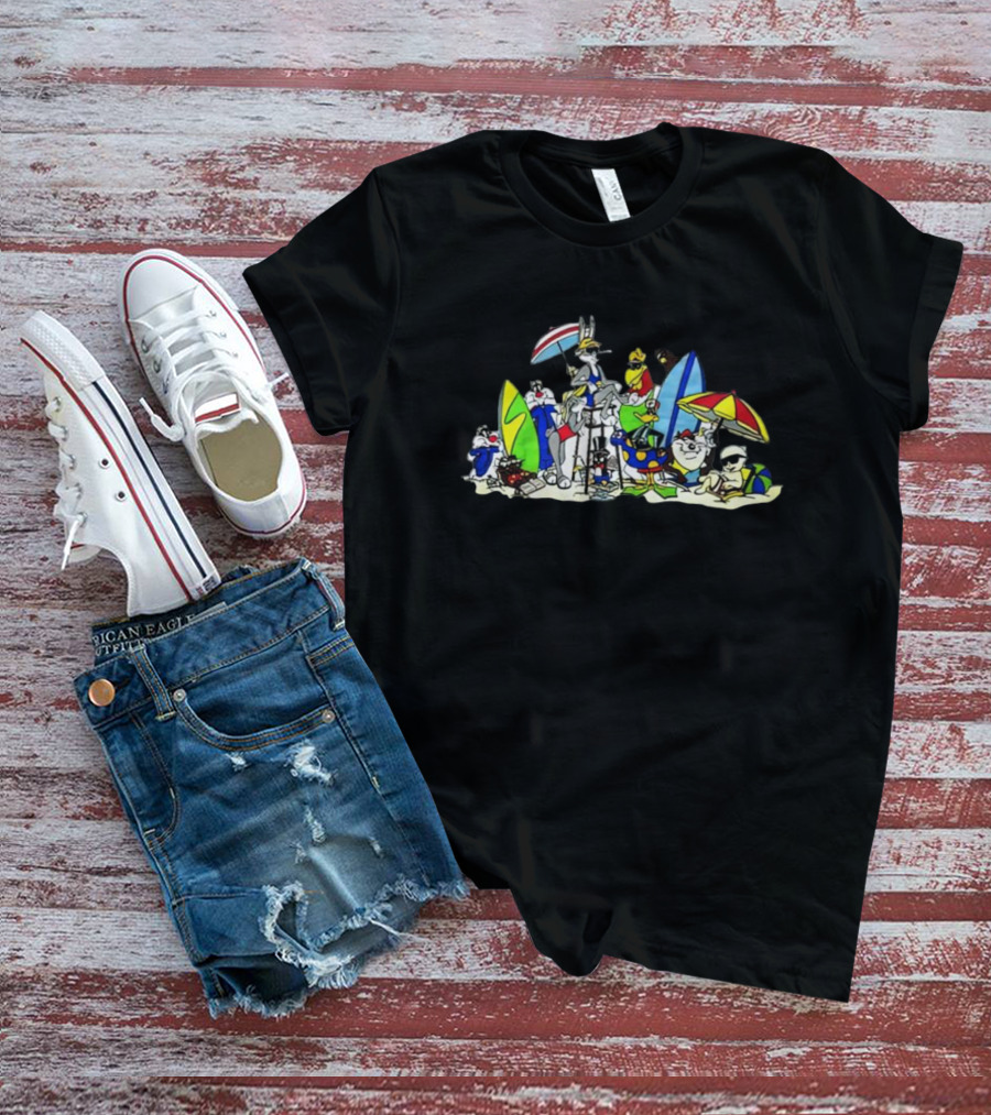 Looney Tunes Beach Scene Featuring Bugs Bunny And Friends With Surfboards And Umbrellas T-Shirt