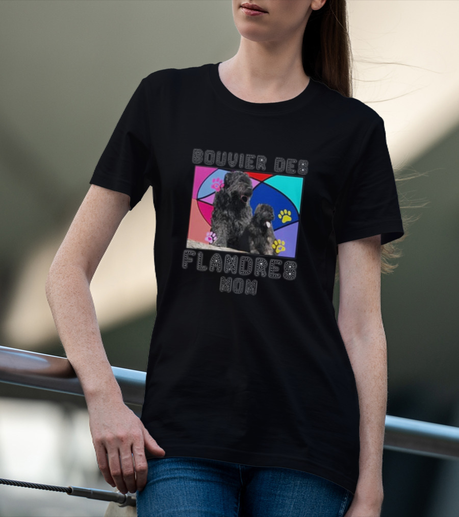 Bouvier Des Flandres Mom Colorful Paw Print Background T-Shirt