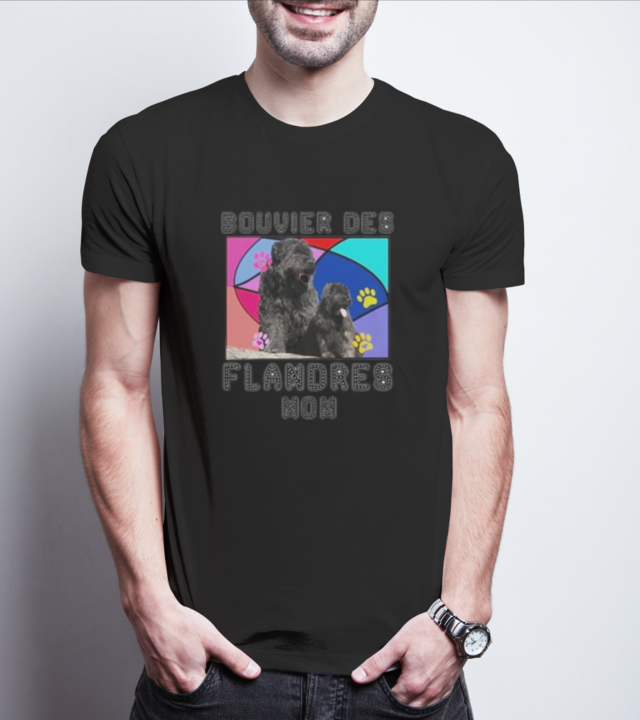 Bouvier Des Flandres Mom Colorful Paw Print Background T-Shirt