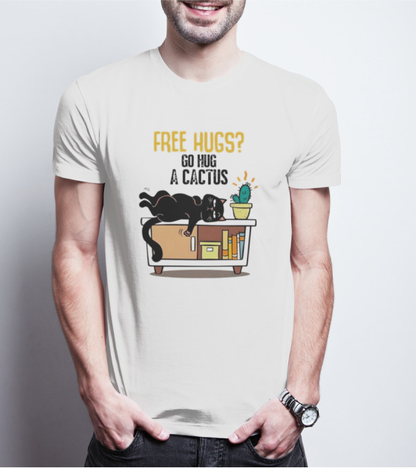 Free Hugs Go Hug A Cactus Cat On Shelf With Cactus And Books T-Shirt