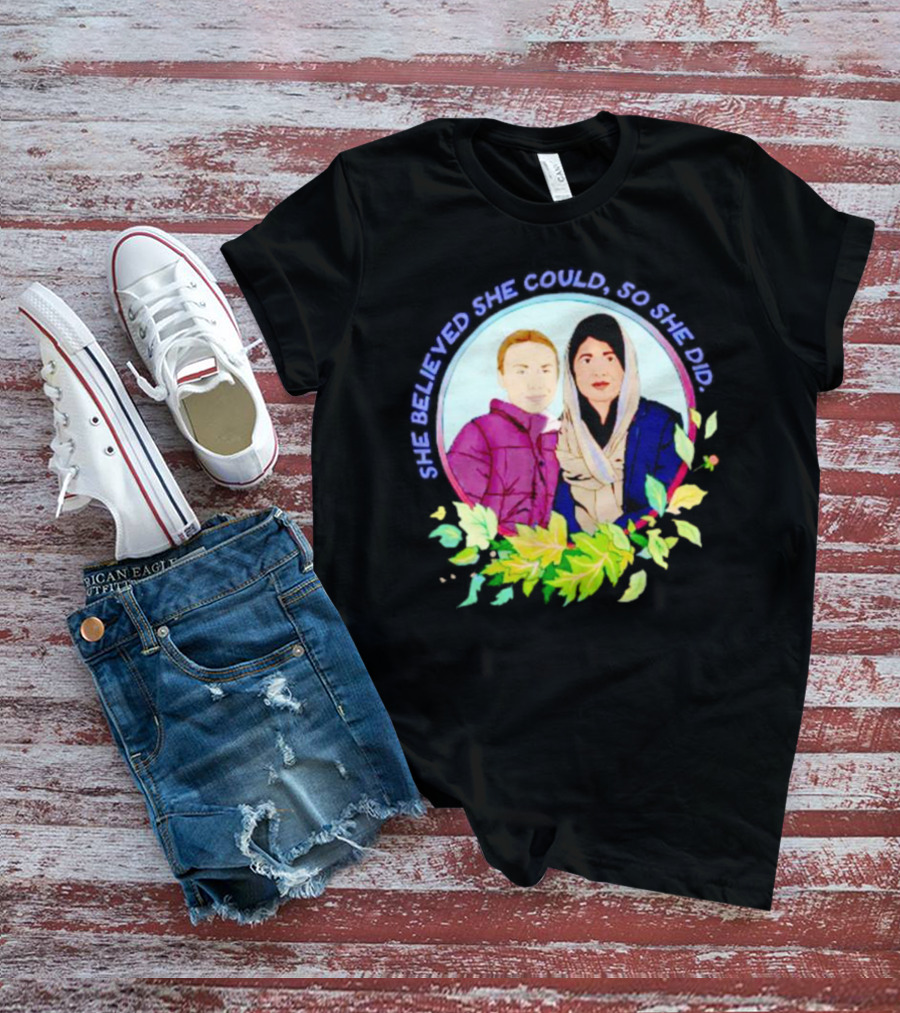 She Believed She Could So She Did Malala Yousafzai In Portrait With Flowers T-Shirt
