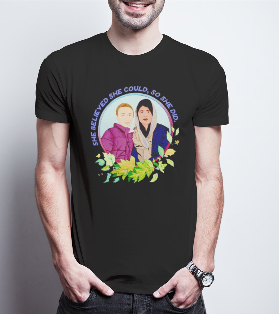 She Believed She Could So She Did Malala Yousafzai In Portrait With Flowers T-Shirt