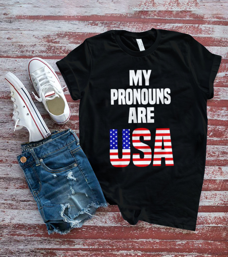 My Pronouns Are USA Flag Text Online Merchandise T-Shirt