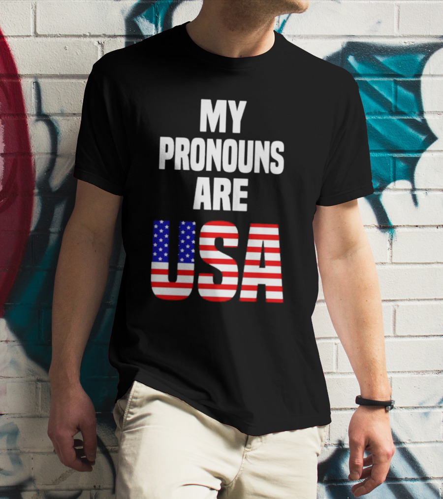 My Pronouns Are USA Flag Text Online Merchandise T-Shirt