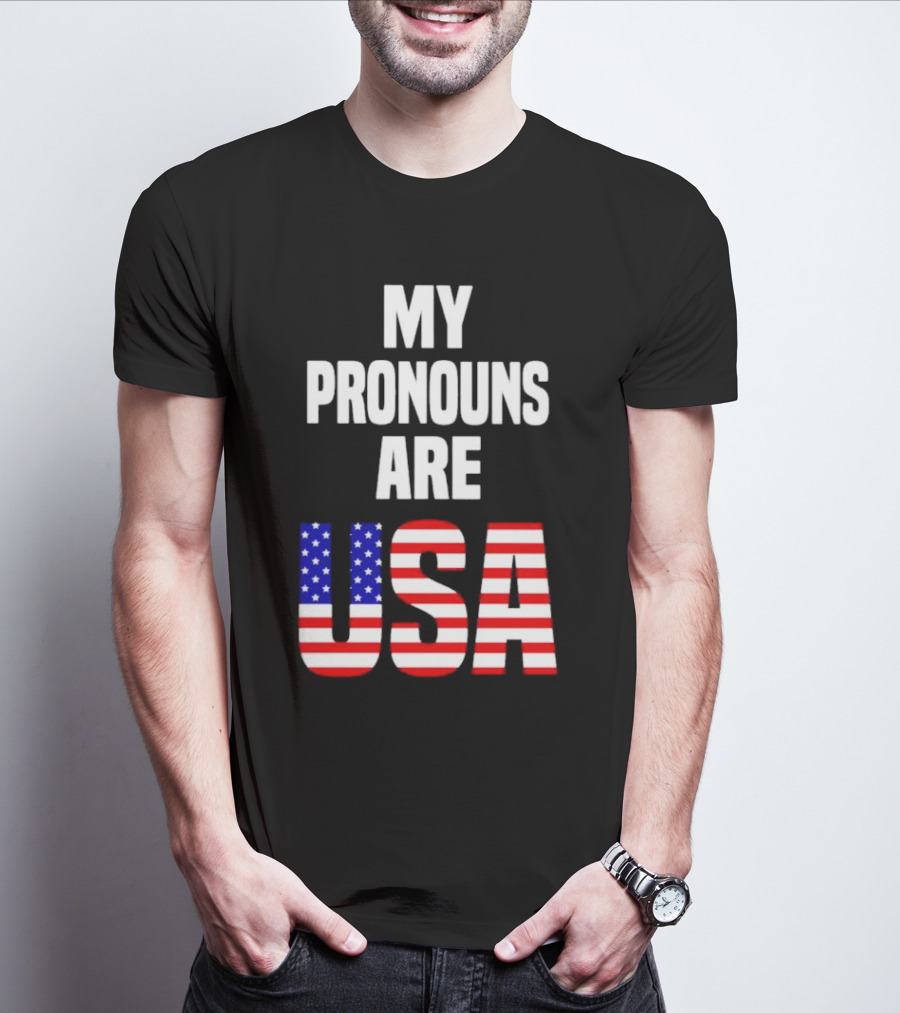 My Pronouns Are USA Flag Text Online Merchandise T-Shirt