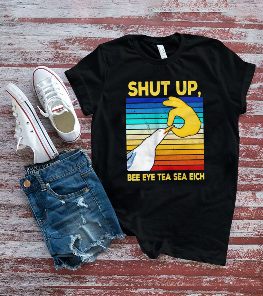SHUT UP BEE EYE TEA SEA EICH Seagull Yellow Hand Rainbow Stripes T-Shirt