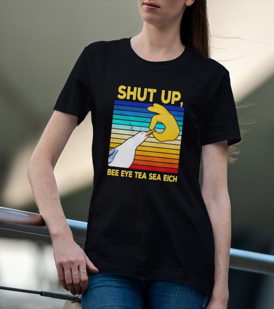 SHUT UP BEE EYE TEA SEA EICH Seagull Yellow Hand Rainbow Stripes T-Shirt
