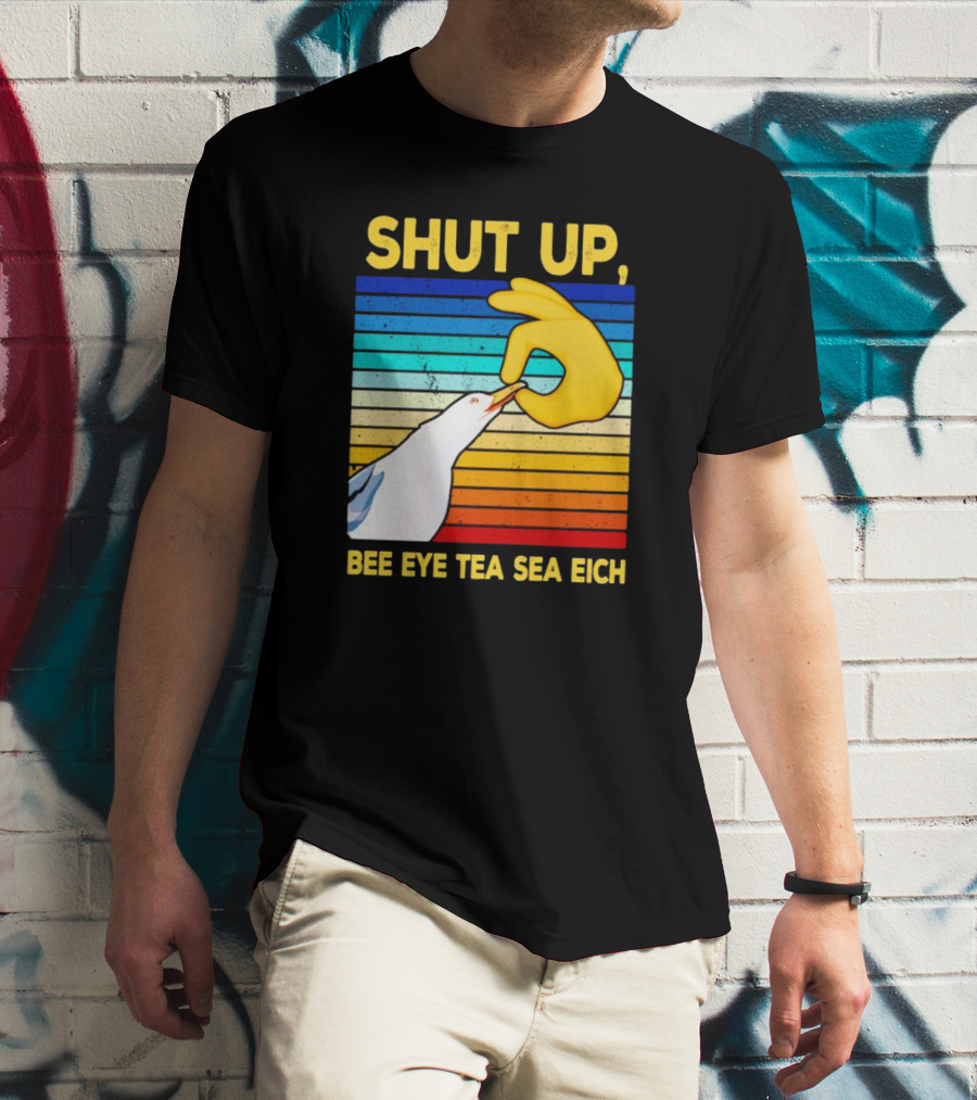 SHUT UP BEE EYE TEA SEA EICH Seagull Yellow Hand Rainbow Stripes T-Shirt
