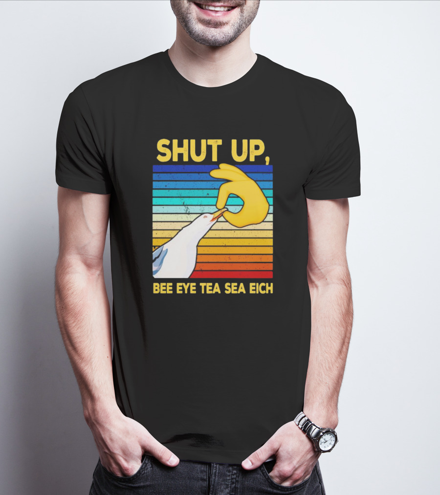 SHUT UP BEE EYE TEA SEA EICH Seagull Yellow Hand Rainbow Stripes T-Shirt
