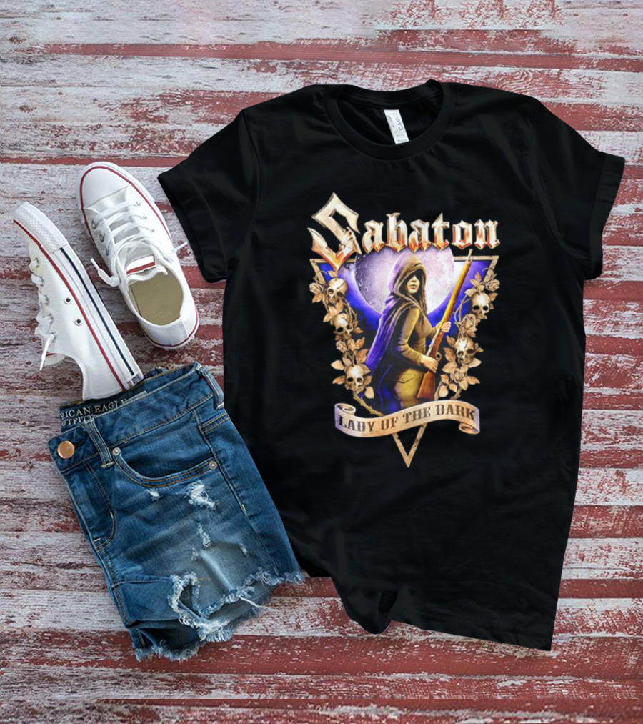 Sabaton Lady Of The Dark Hooded Figure With Floral Skull Motif T-Shirt