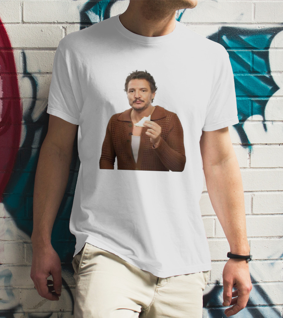 Pedro Pascal Holding Sandwich In Brown T-Shirt