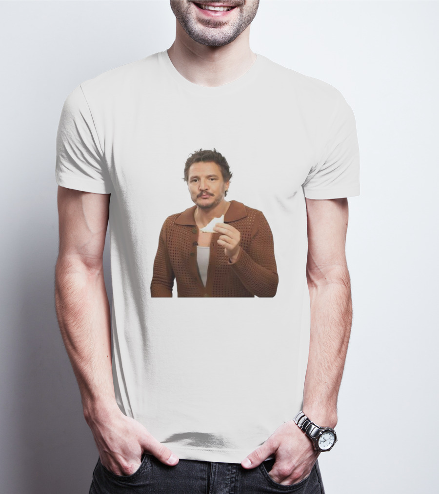 Pedro Pascal Holding Sandwich In Brown T-Shirt