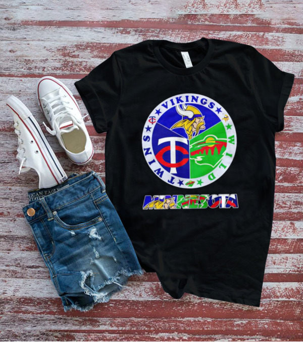 Minnesota Vikings Twins Wild Logos Circle And Colorful Minnesota Text T-Shirt