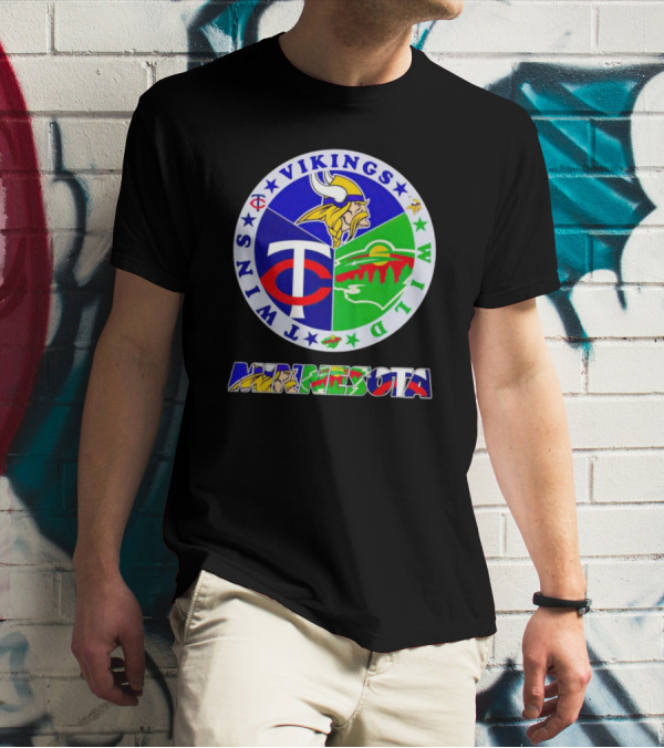 Minnesota Vikings Twins Wild Logos Circle And Colorful Minnesota Text T-Shirt