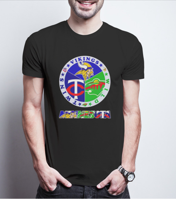 Minnesota Vikings Twins Wild Logos Circle And Colorful Minnesota Text T-Shirt