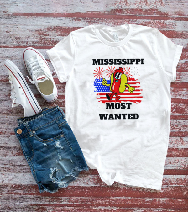 Mississippi Most Wanted Hot Dog With American Flag And Fireworks 4th Of July T-Shirt