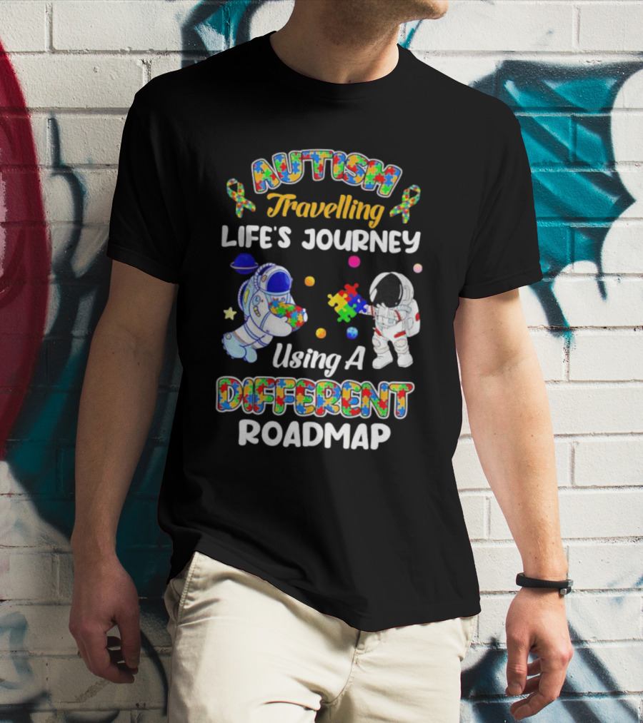 Autism Travelling Life's Journey Using A Different Roadmap With Astronauts And Puzzle Pieces T-Shirt