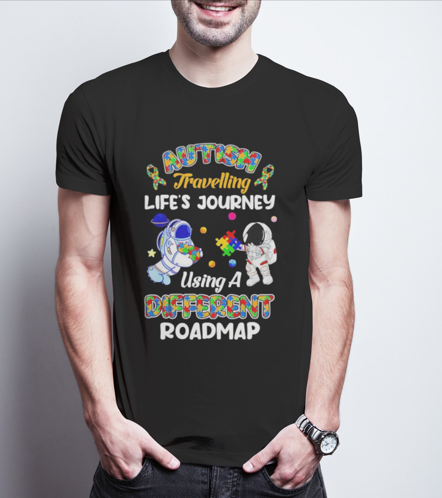Autism Travelling Life's Journey Using A Different Roadmap With Astronauts And Puzzle Pieces T-Shirt