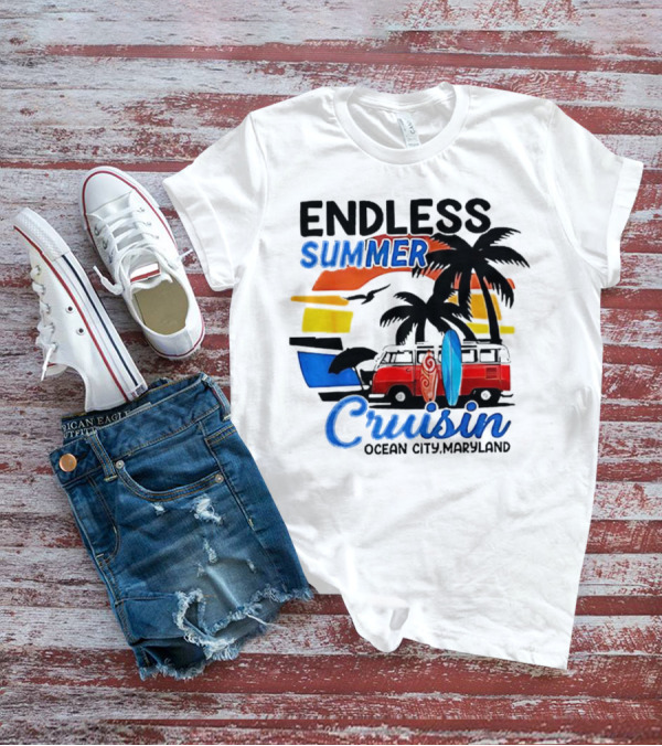 Endless Summer Cruisin Ocean City Maryland Vintage Sunset Surfboard Van Palm Trees T-Shirt