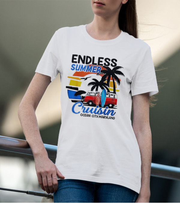 Endless Summer Cruisin Ocean City Maryland Vintage Sunset Surfboard Van Palm Trees T-Shirt