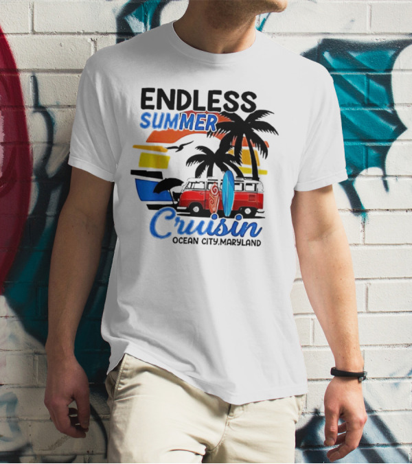 Endless Summer Cruisin Ocean City Maryland Vintage Sunset Surfboard Van Palm Trees T-Shirt