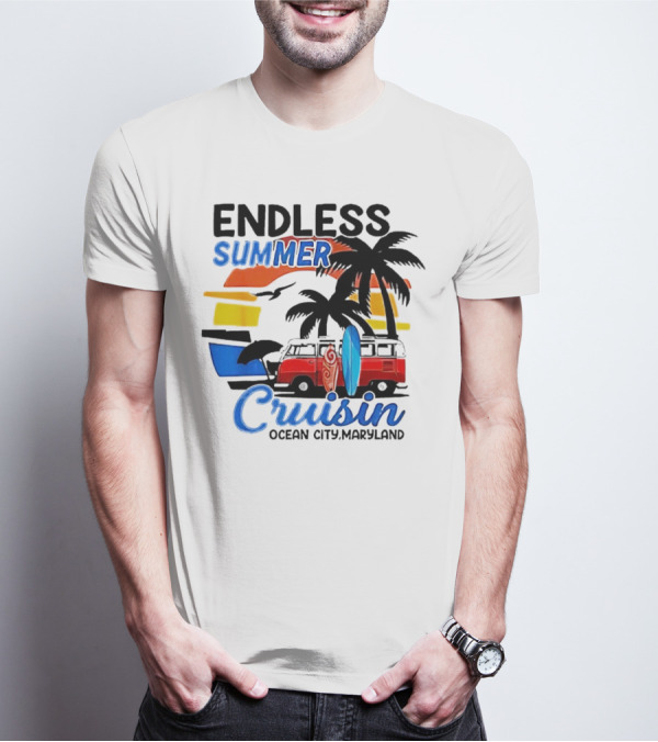 Endless Summer Cruisin Ocean City Maryland Vintage Sunset Surfboard Van Palm Trees T-Shirt