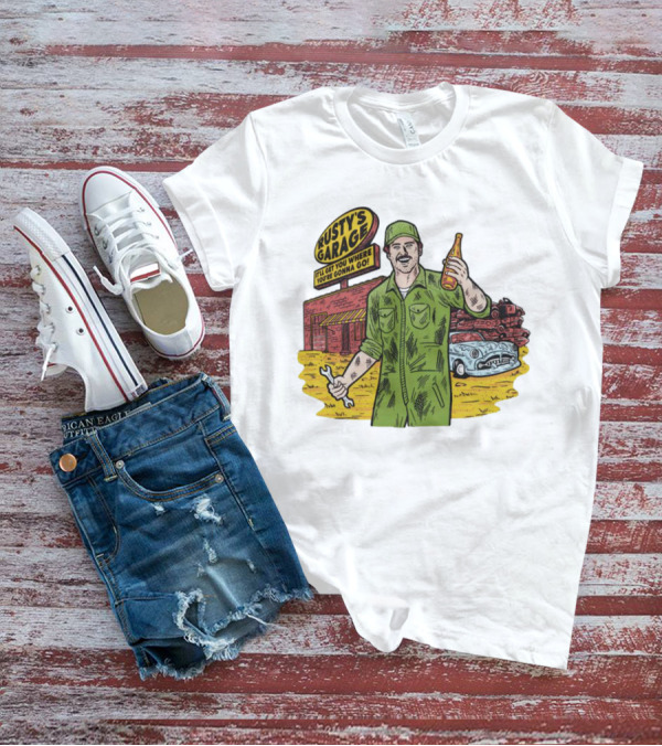 Rusty’s Garage It’ll Get You Where You’re Gonna Go Retro Mechanic Holding Wrench And Drink With Vintage Car And Workshop Scene T-Shirt