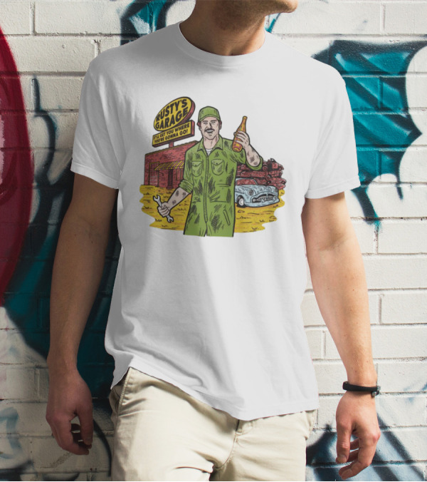 Rusty’s Garage It’ll Get You Where You’re Gonna Go Retro Mechanic Holding Wrench And Drink With Vintage Car And Workshop Scene T-Shirt