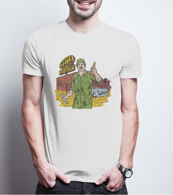 Rusty’s Garage It’ll Get You Where You’re Gonna Go Retro Mechanic Holding Wrench And Drink With Vintage Car And Workshop Scene T-Shirt