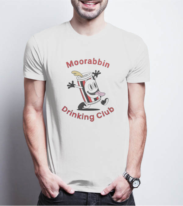 Moorabbin Drinking Club Cartoon Can With Tongue Out And Arms Raised T-Shirt