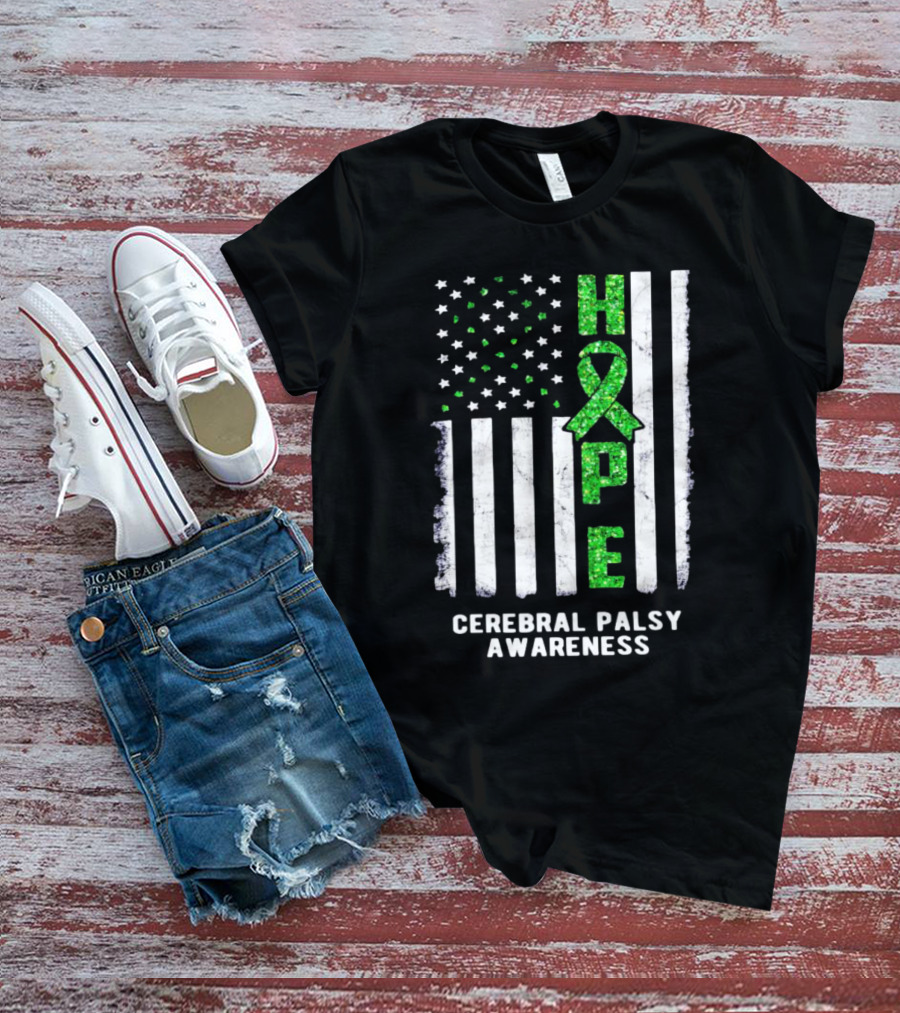 Hope American Flag Green Ribbon Cerebral Palsy Awareness T-Shirt